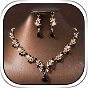 Gold Bridal Jewelry Set for Women Rhinestone Necklace Earrings Crystal Prom